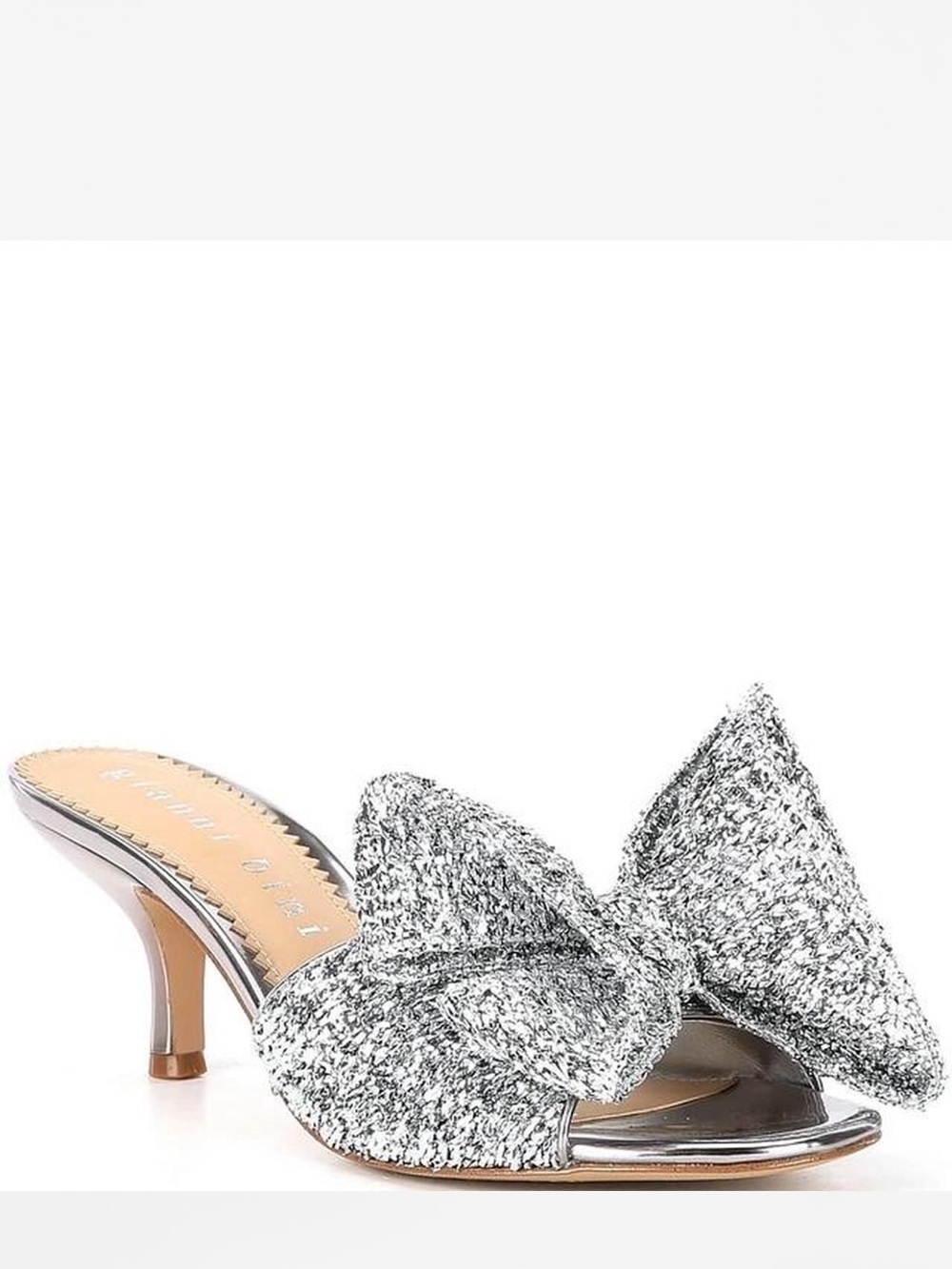 gianni bini wendell silver tinsel bow slide sandals